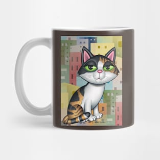 Cute calico kitty cat on cityscape with buildings Mug